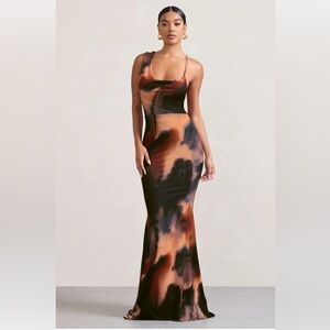CLUB L London Phantasy Orange Smoke Print Asymmetric Cowl Maxi Dress size 2 NWT